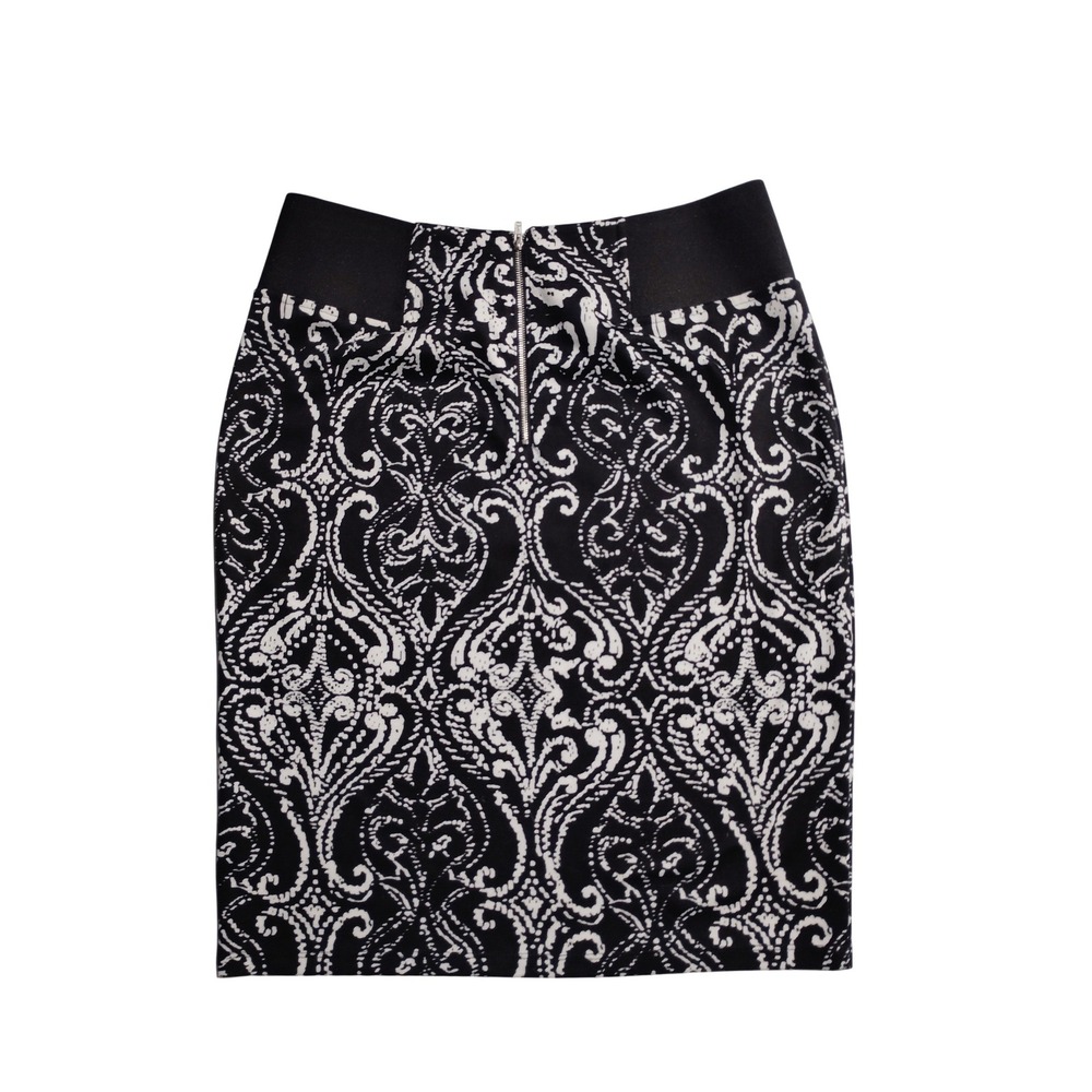 Roz & Ali Black White Damask‎ Print Pencil Skirt Womens Size 6 Back Zip Stretch - Picture 2 of 6